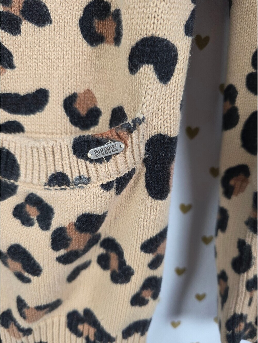 Victoria's Secret PINK Leopard Cardigan Sweater L Tan Animal Print 100% Cotton - Picture 2 of 8